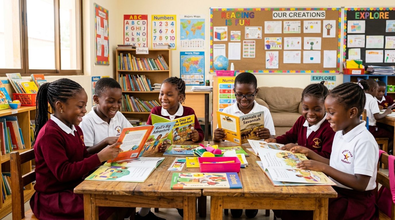 Primary students reading joyfully in class